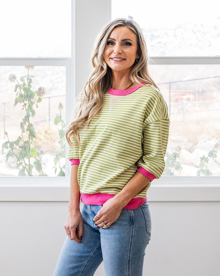 Jillian Striped Half Sleeve Top - Green & Pink Staccato