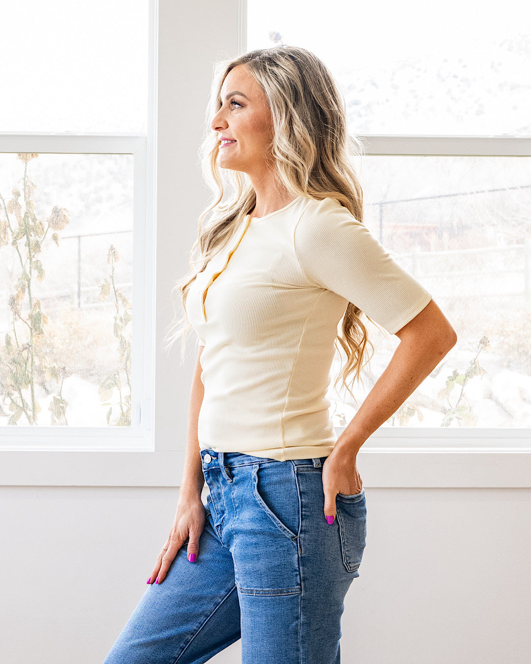 NEW! Emmy Micro Ribbed Henley Top - Butter Yellow Lovely Melody
