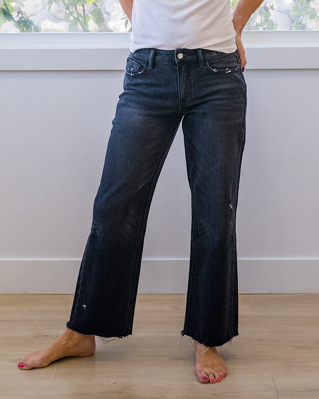 Vervet Carolina Fray Hem Slim Wide Leg Jeans - Black Vervet