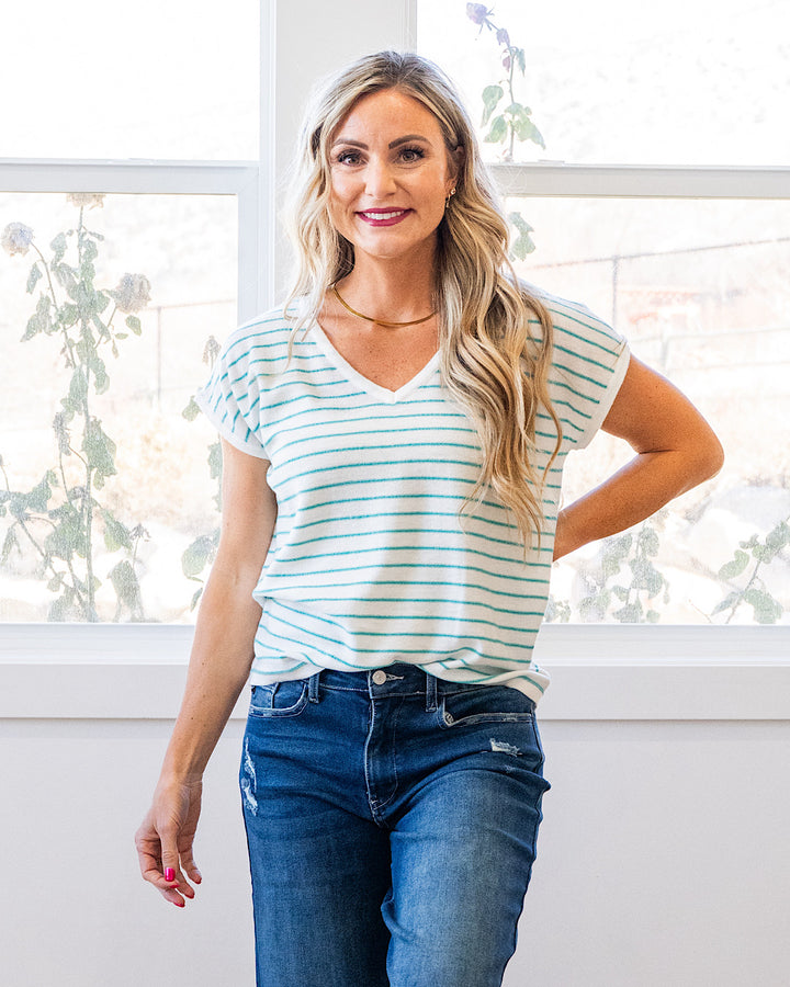 Candice Striped V Neck Sweater Top - Ivory & Green Staccato