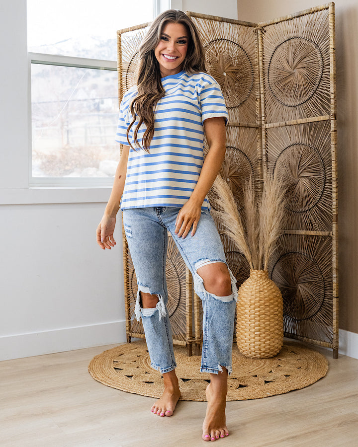 Kira Striped Side Slit Top - Blue SALE Staccato