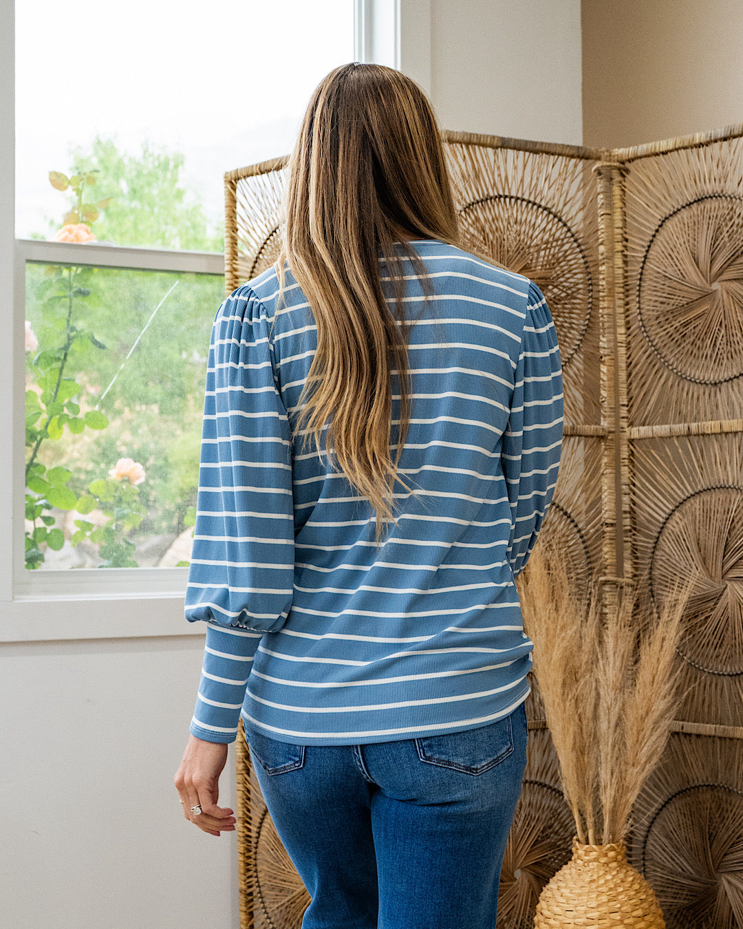 April Striped Bubble Sleeve Top - Blue FINAL SALE Lovely Melody