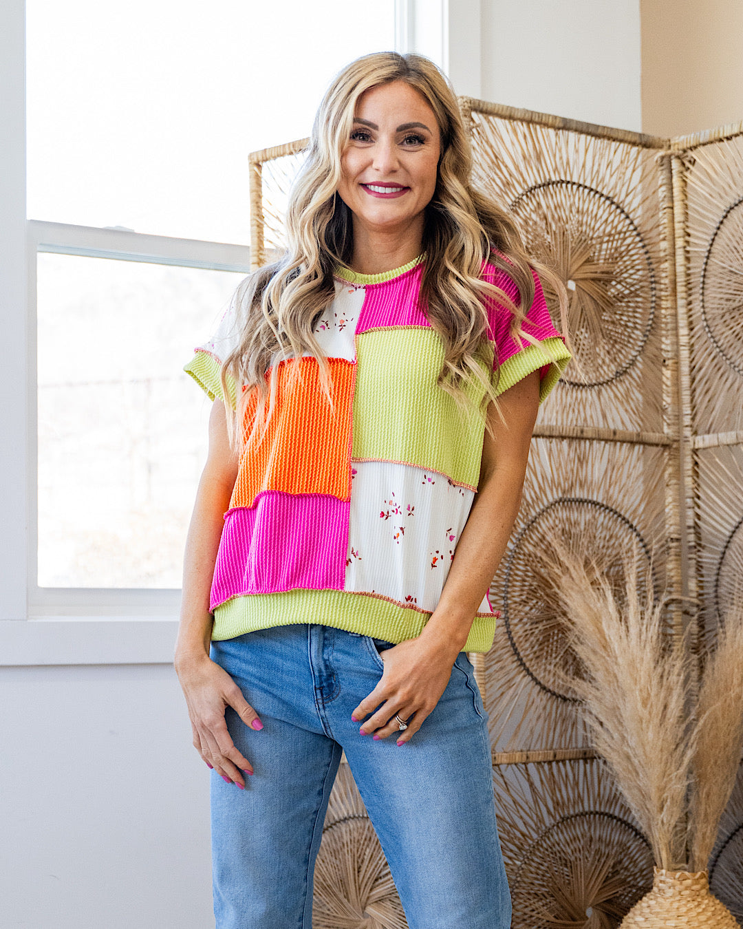 Ashton Corded Floral Color Block Top - Hot Pink FINAL SALE Lovely Melody