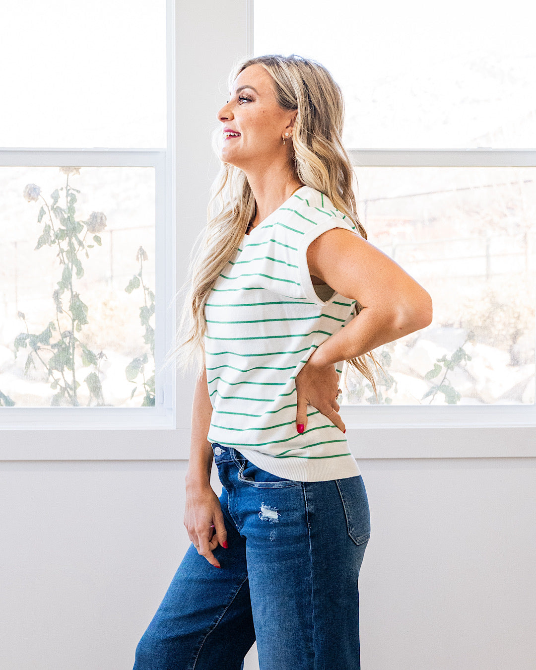 Allie Striped Short Sleeve Sweater - Ivory & Green Staccato