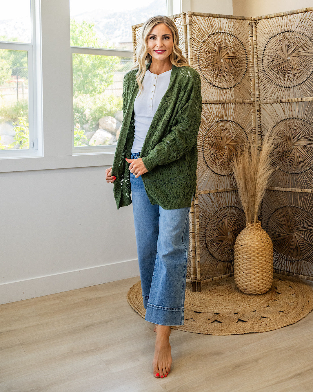 NEW! Roselin Pointelle Open Cardigan - Olive Bibi