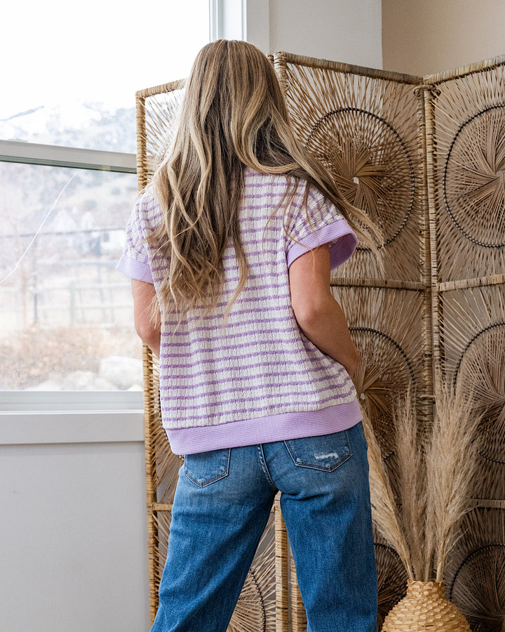 This Love Textured Striped V Neck Top - Lavender SALE Lovely Melody