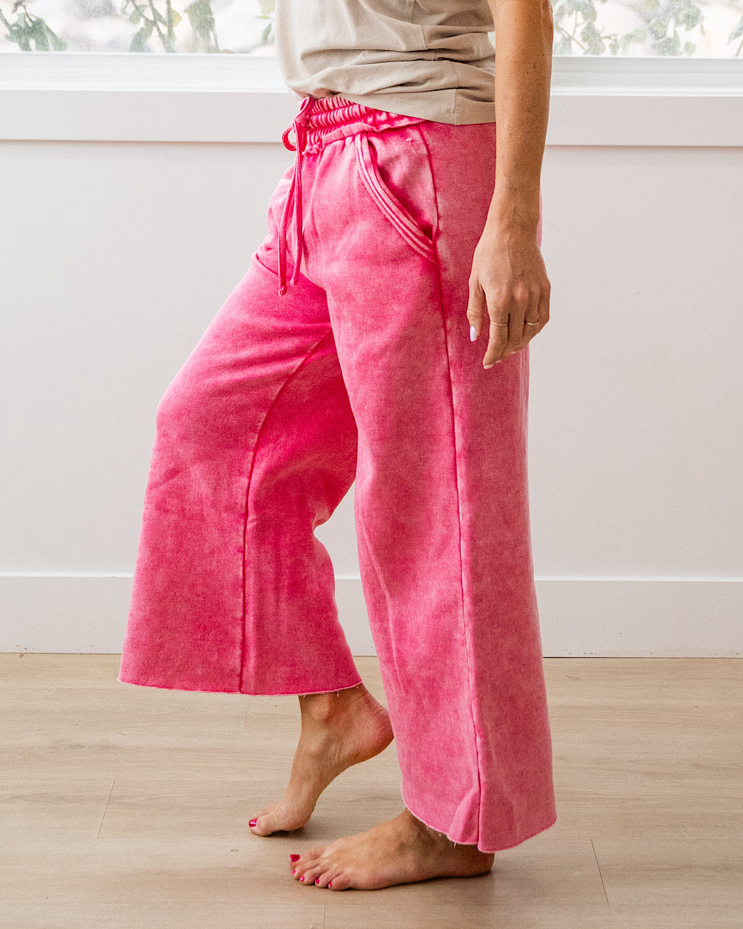 Cropped Wide Leg Comfy Pants - Fuchsia Zenana