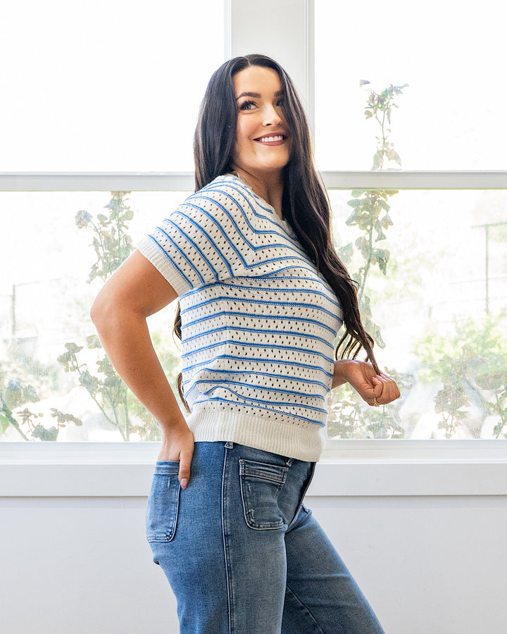 Kaitlyn Open Knit Striped Sweater Top - Blue Staccato