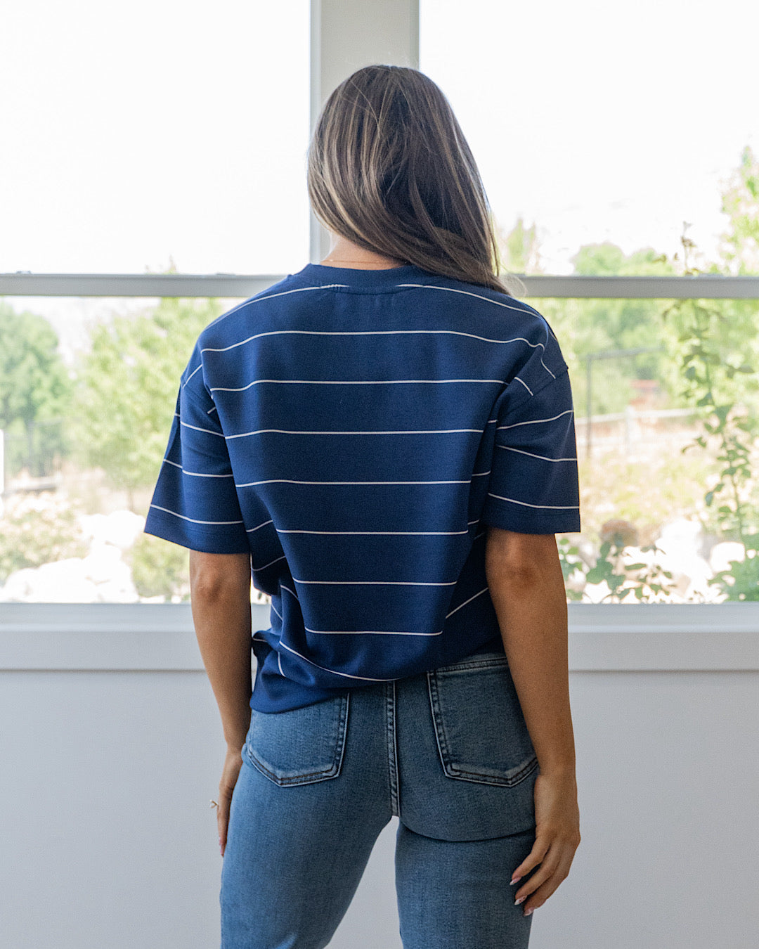 Macey Scuba Fabric Striped Top - Smoky Navy & Cream Rae Mode