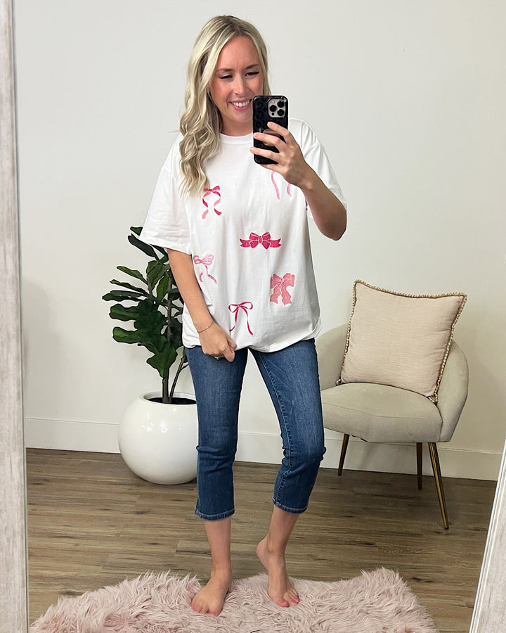 Glittery Pink Bows Ivory Tee SALE Zutter