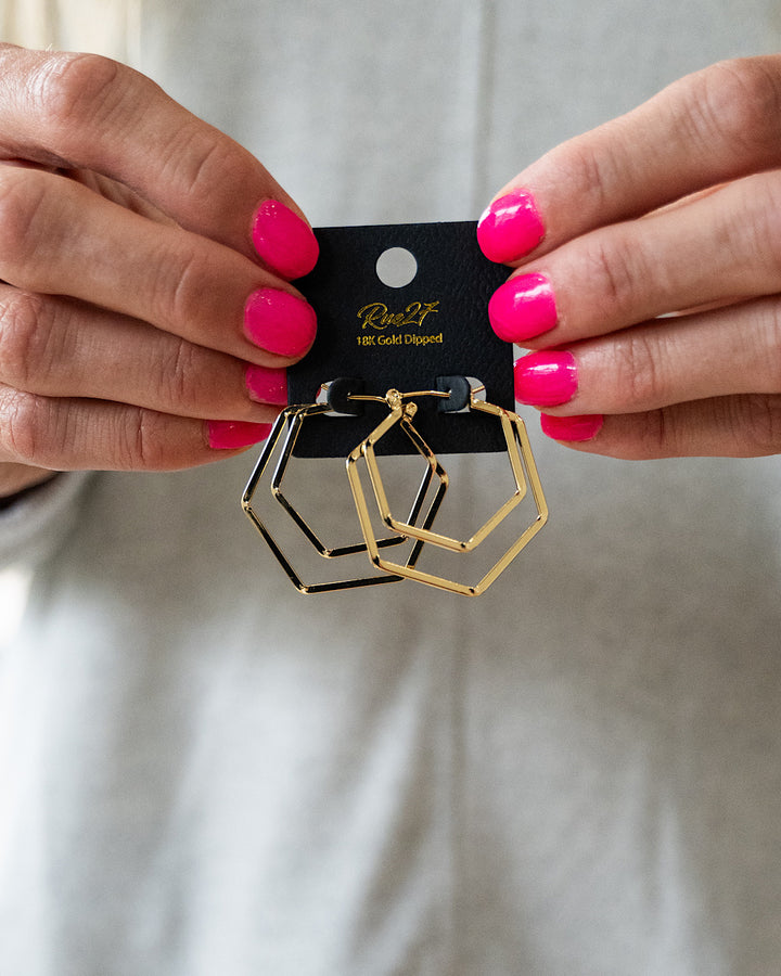 Gold Double Hexagon Earrings Trendy Wholesale