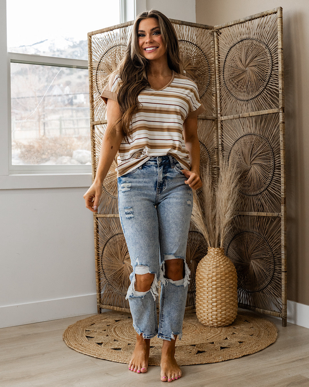 Kimmy Striped Color Block V Neck Top - Taupe SALE Staccato