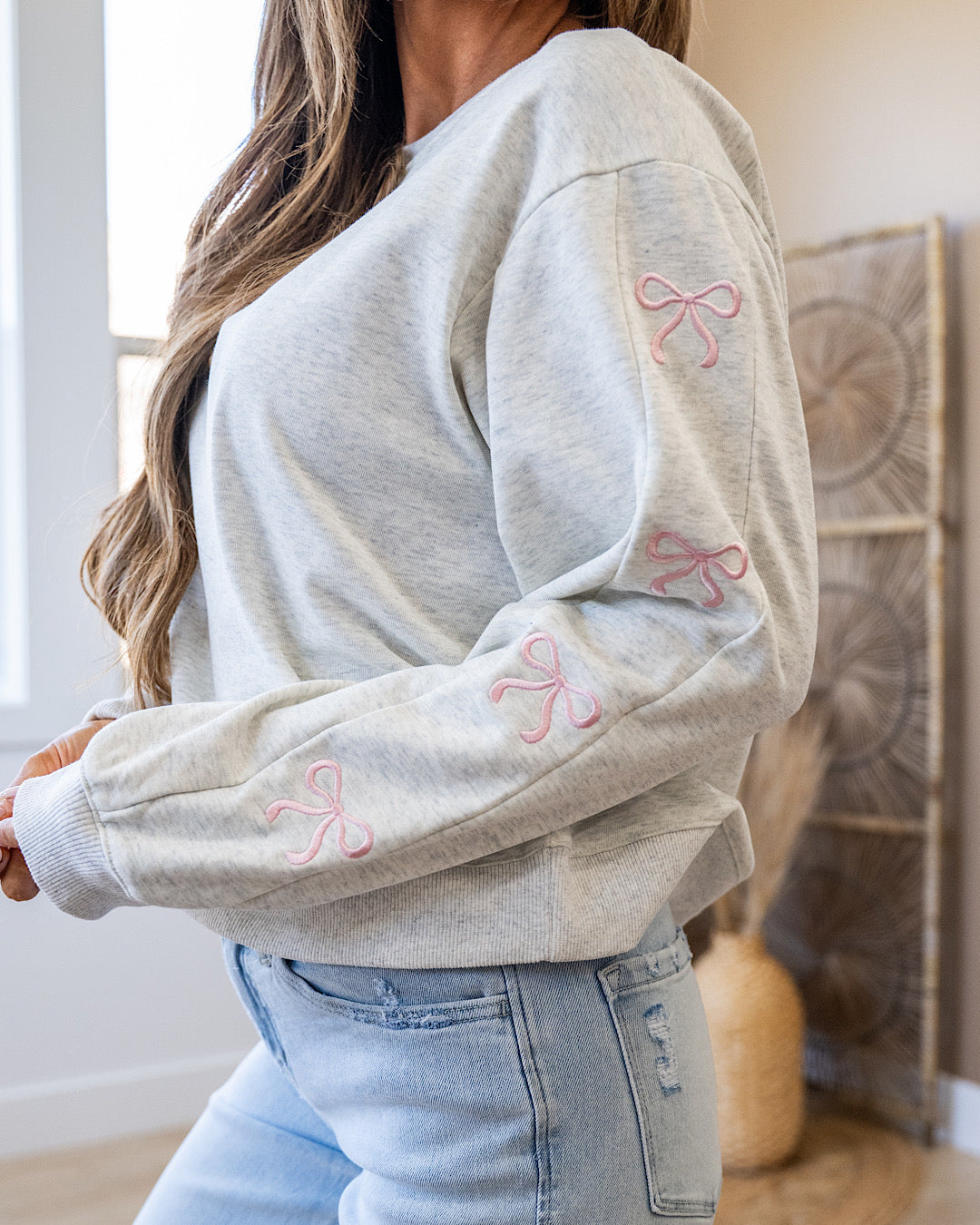 Heather Gray Sweatshirt with Pink Embroidered Ribbons SALE Main Strip