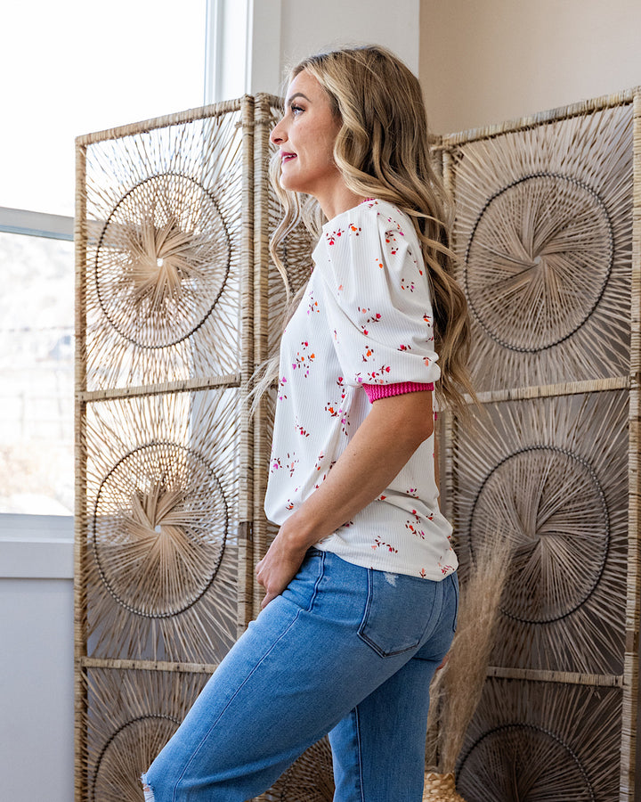 Marissa Ribbed Floral V Neck Top - Ivory FINAL SALE Lovely Melody