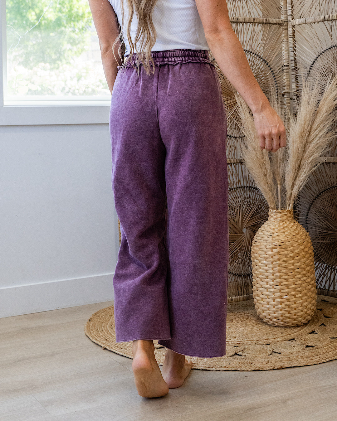 Cropped Wide Leg Comfy Pants - Eggplant Zenana