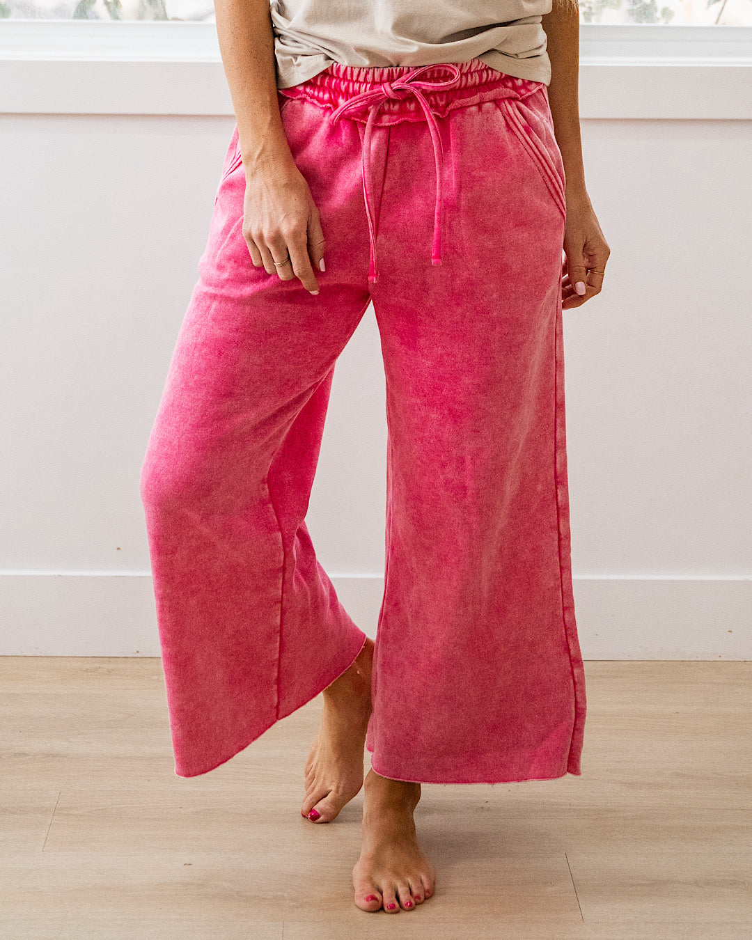 Cropped Wide Leg Comfy Pants - Fuchsia Zenana
