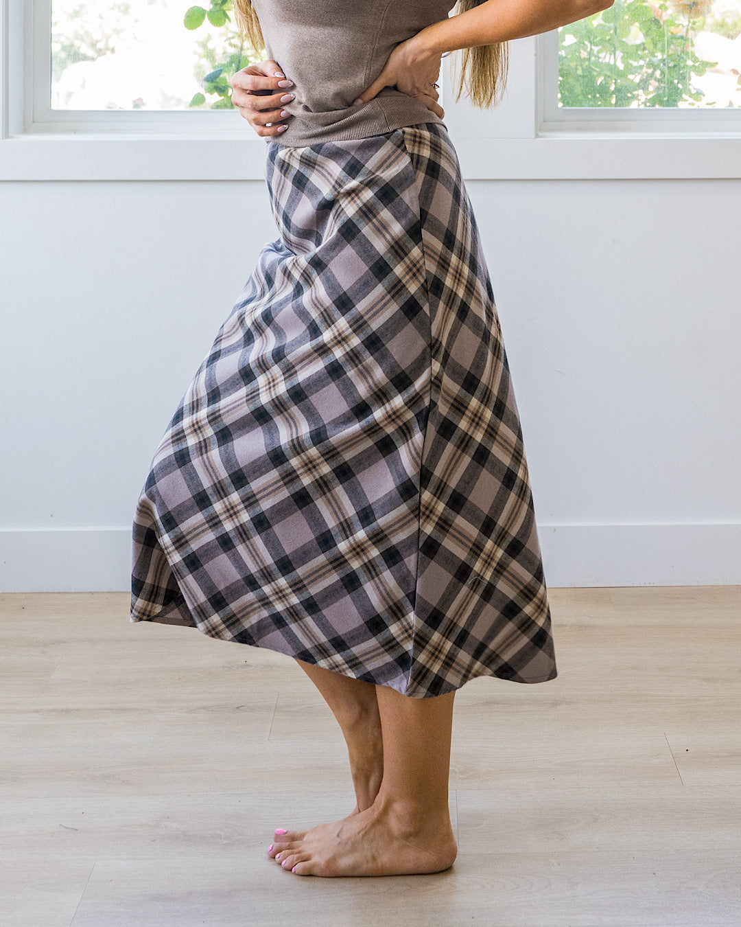 Jade Plaid A-Line Skirt - Greige Be Cool