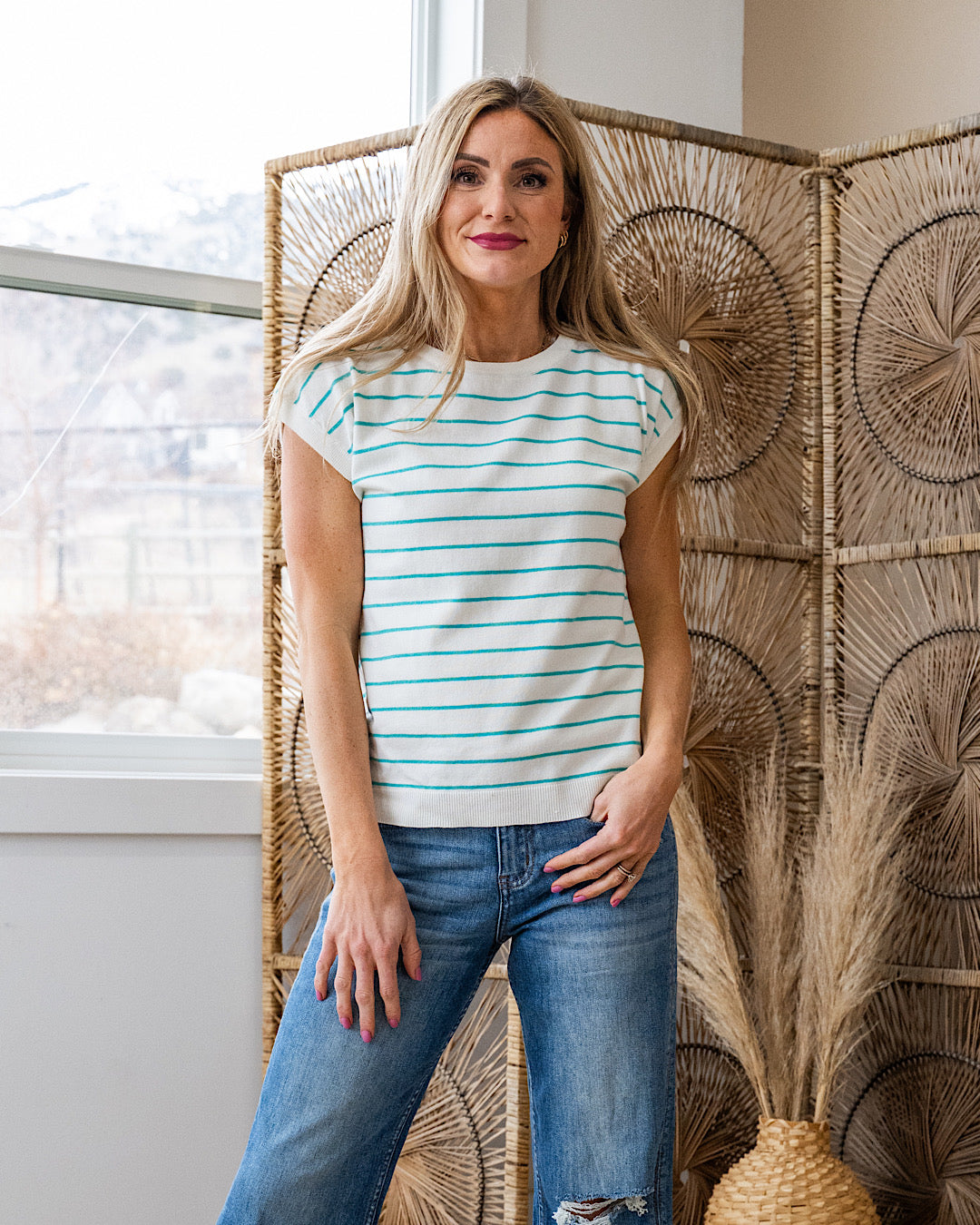 Allie Striped Short Sleeve Sweater - Ivory & Mint Staccato