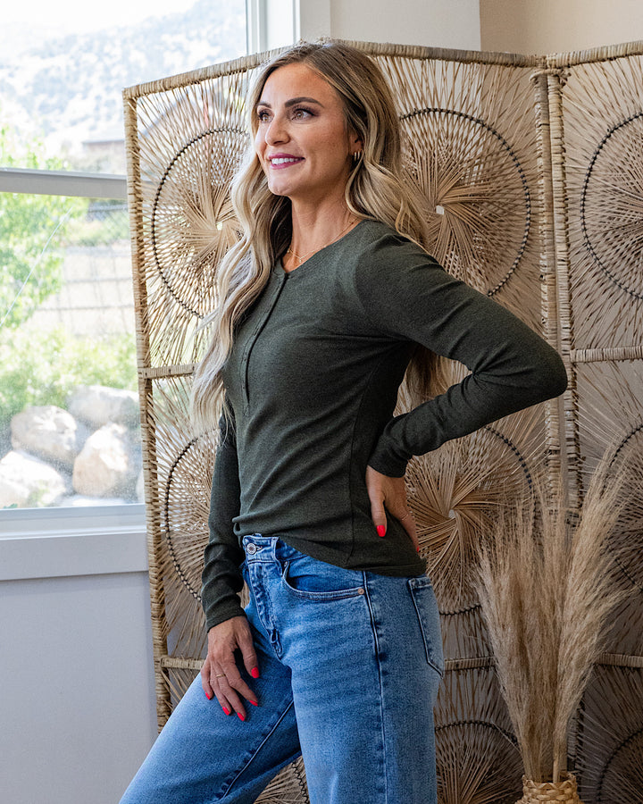 Cami Micro Ribbed Henley Top - Winter Forest Be Cool