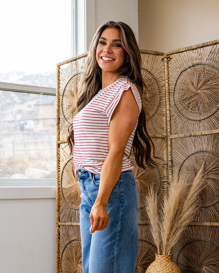 Noelle Striped Cap Sleeve Top - Ivory & Red FINAL SALE Staccato