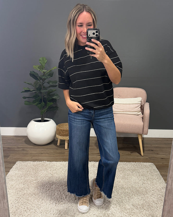 Macey Scuba Fabric Striped Top - Black & Cream Rae Mode