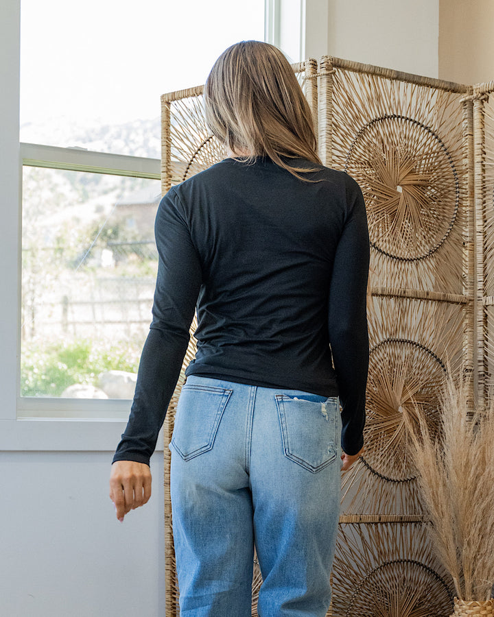 Favorite Crewneck Long Sleeve Top - Black Zenana
