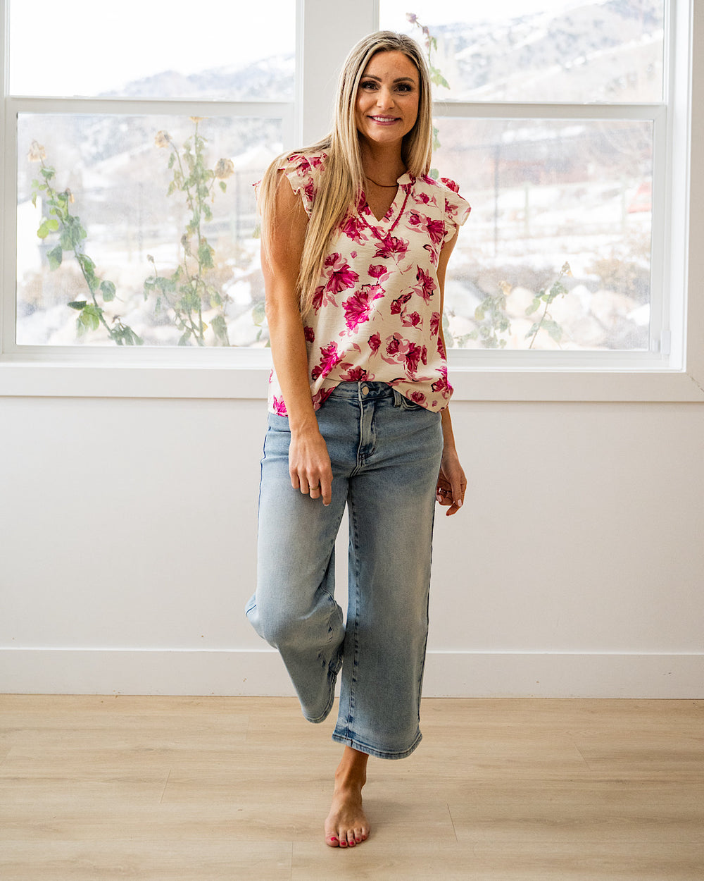 NEW! Marcie Floral Flutter Sleeve Top - Fuchsia Staccato