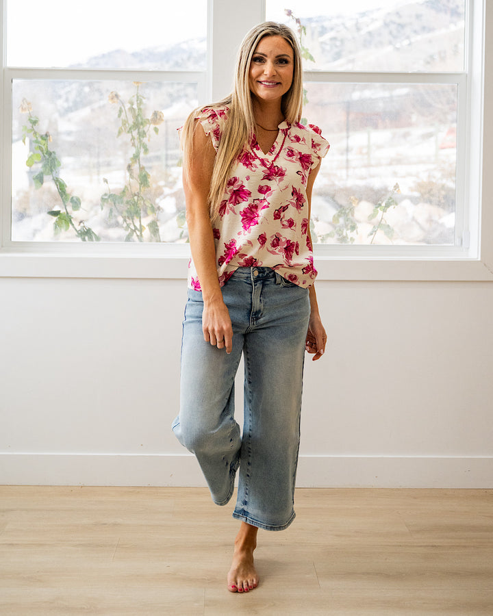NEW! Marcie Floral Flutter Sleeve Top - Fuchsia Staccato
