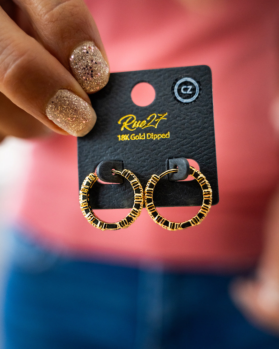 Textured Round Huggie Earrings with Rhinestones - Gold Trendy Wholesale