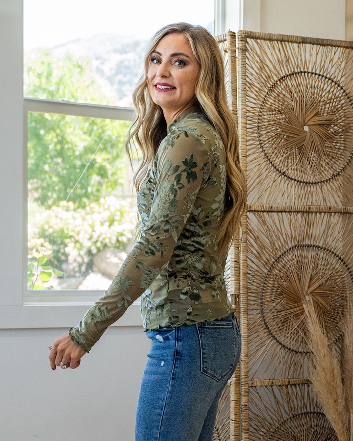NEW! Andi Mesh Velvet Floral Long Sleeve Top - Olive PS Kate