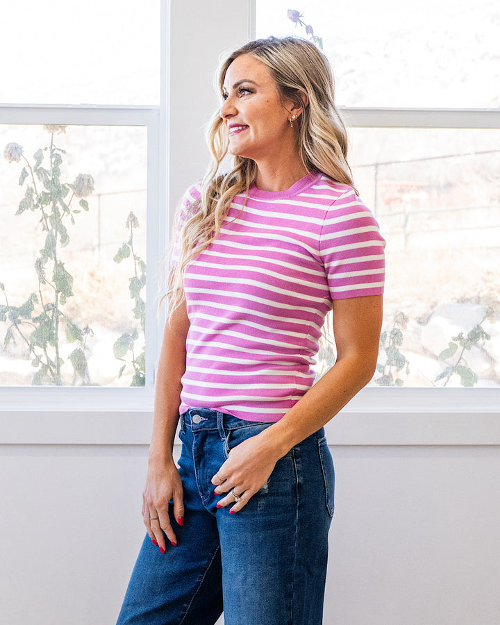 Delaney Striped Short Sleeve Sweater Top - Hot Pink Be Cool