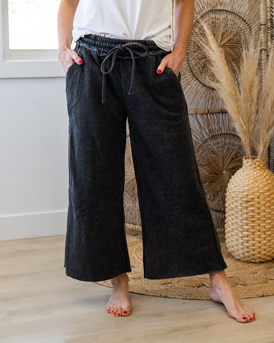 Cropped Wide Leg Comfy Pants - Color Options Available! Zenana Ash Black