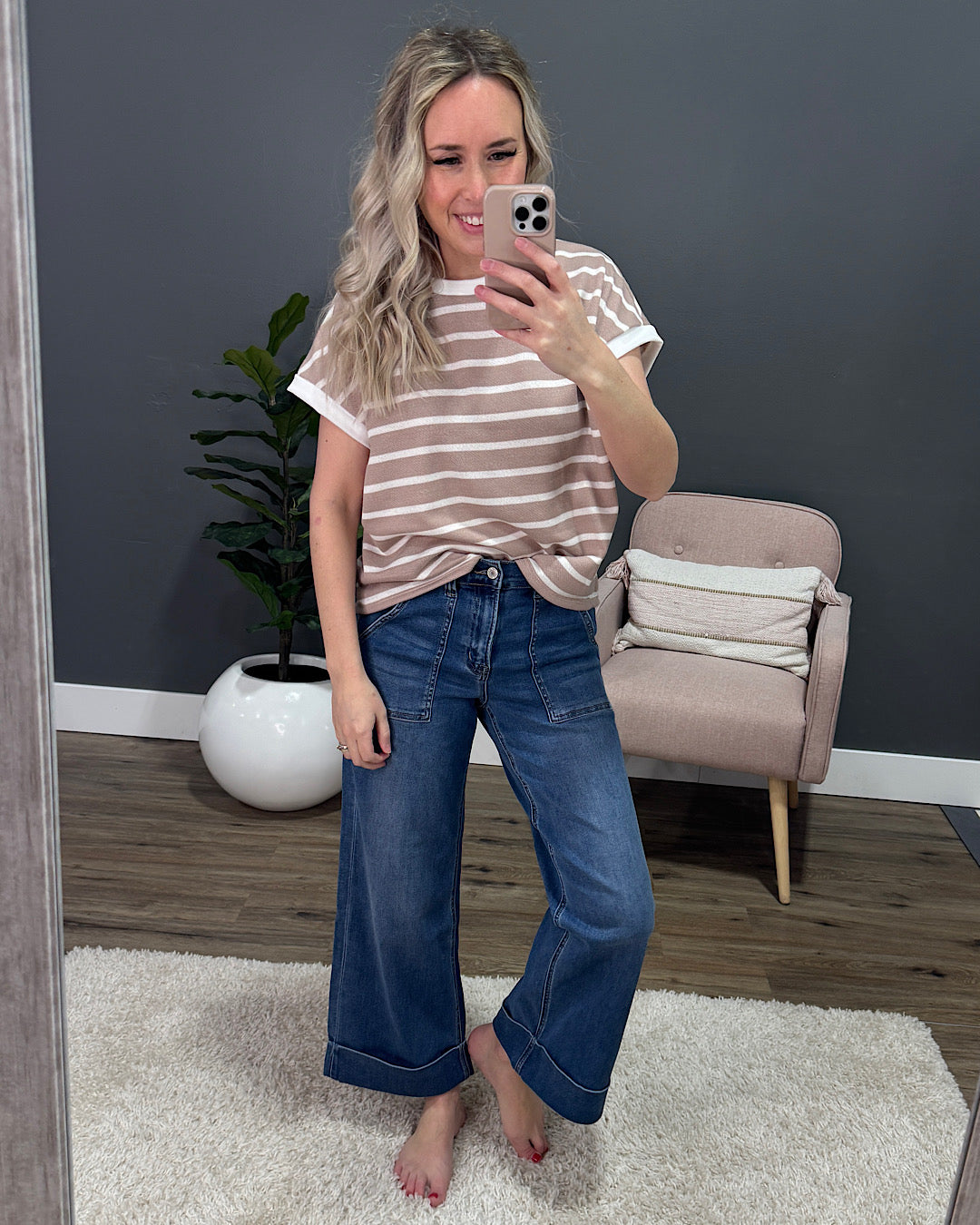 Nina Faded Striped Drop Shoulder Top - Taupe SALE Lovely Melody