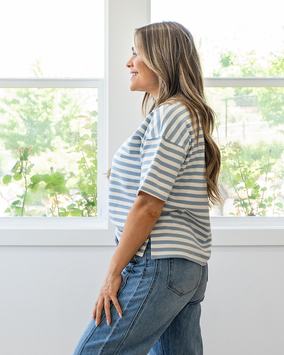 NEW! Hazel Contrast Striped Top - Dusty Blue & Yellow Mine