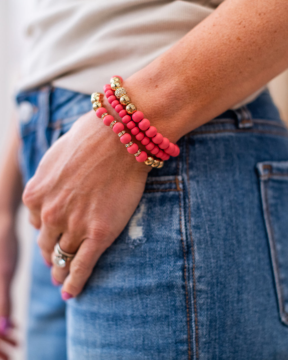 Wooden Dark Peach and Metallic Gold Bracelet Set Trendy Wholesale