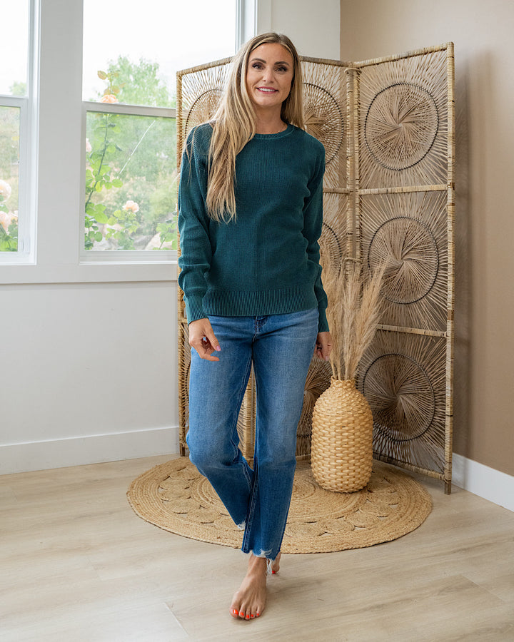 Called It All Off Washed Waffle Knit Sweater - Teal Staccato