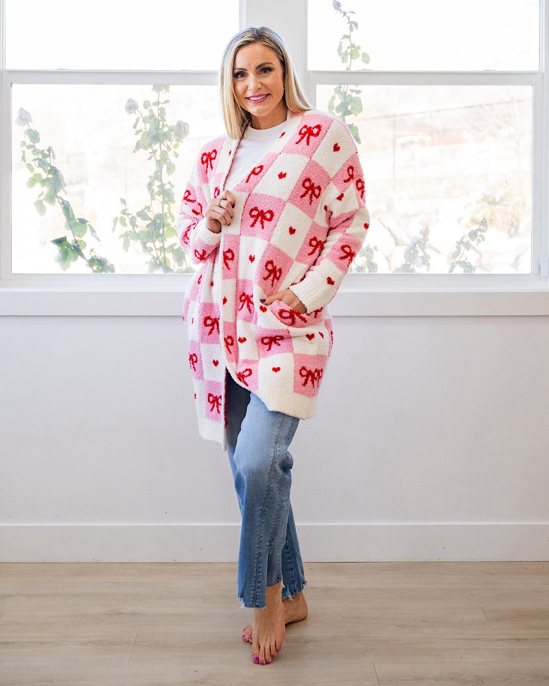 NEW! Valentine's Day Cloud Open Cardigan - Checkered Bows Blakeley