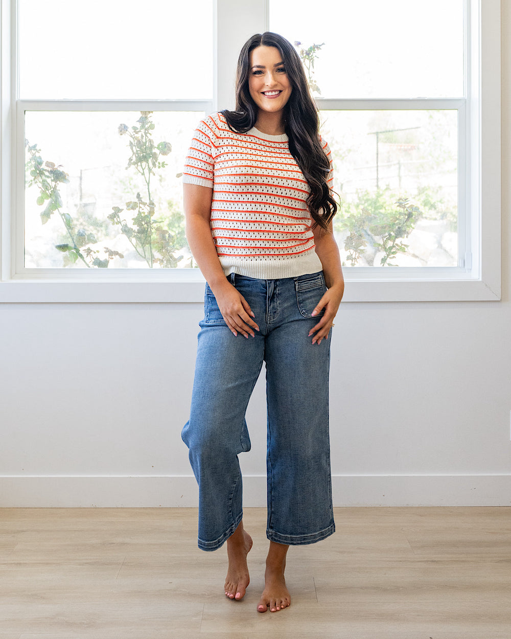 Kaitlyn Open Knit Striped Sweater Top - Orange Staccato