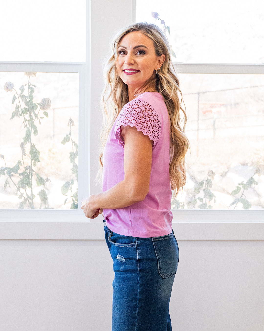 Cherilyn Crochet Sleeve Top - Lilac Staccato