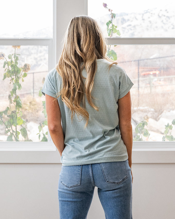 NEW! Winnie Pointelle V Neck Top - Light Aqua Staccato