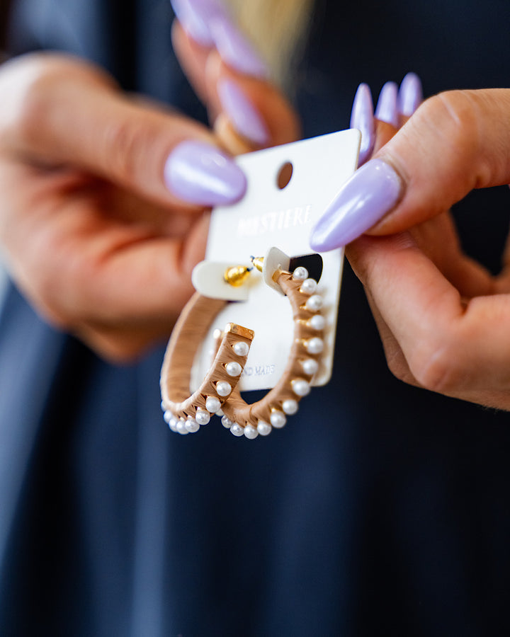 Dark Beige Open Hoop Earrings with Pearl Accents SALE Crystals Trading Inc.