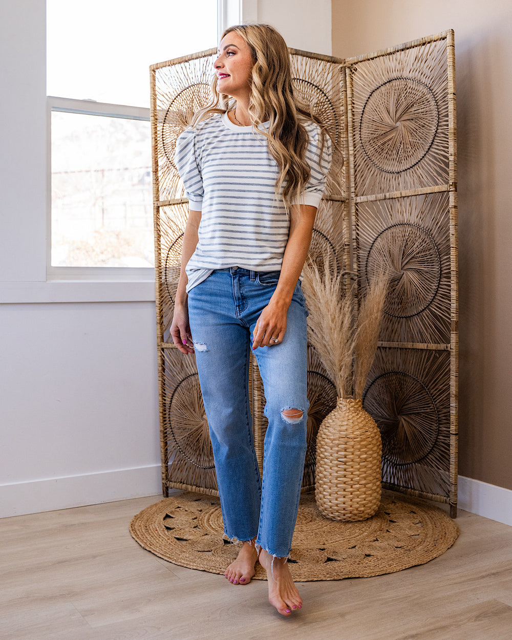 Hillary Striped Puff Sleeve Top - Heather Gray SALE Lovely Melody