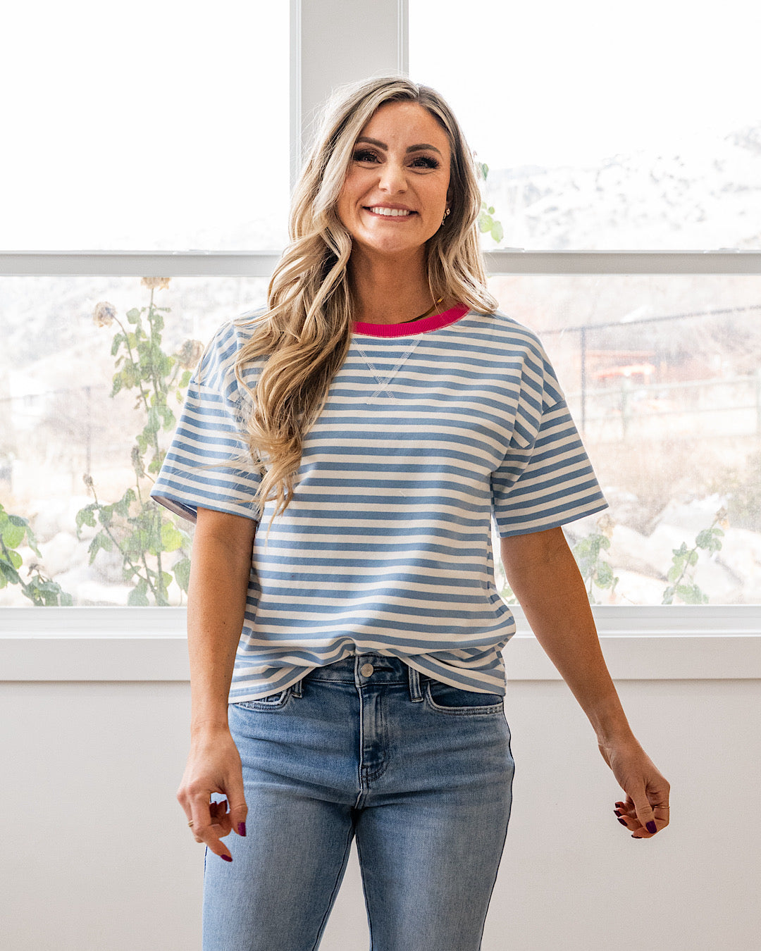 NEW! Ellie Contrast Striped Top - Sky Blue & Pink Staccato