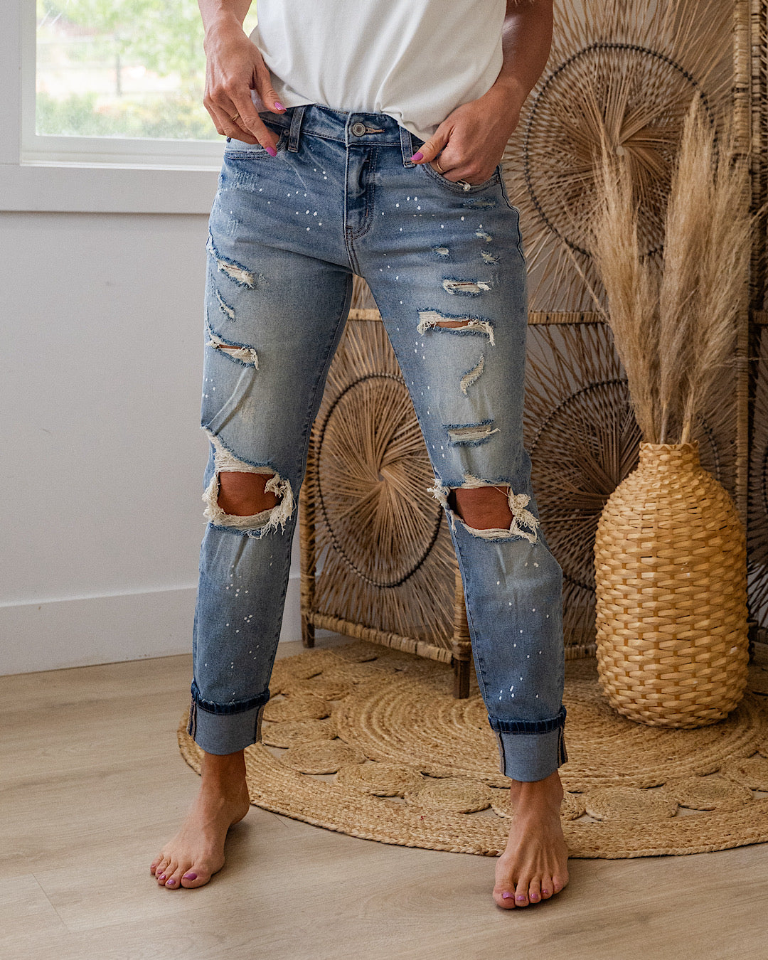 KanCan Collins Distressed Paint Splatter Boyfriend Jeans - Light Wash KanCan