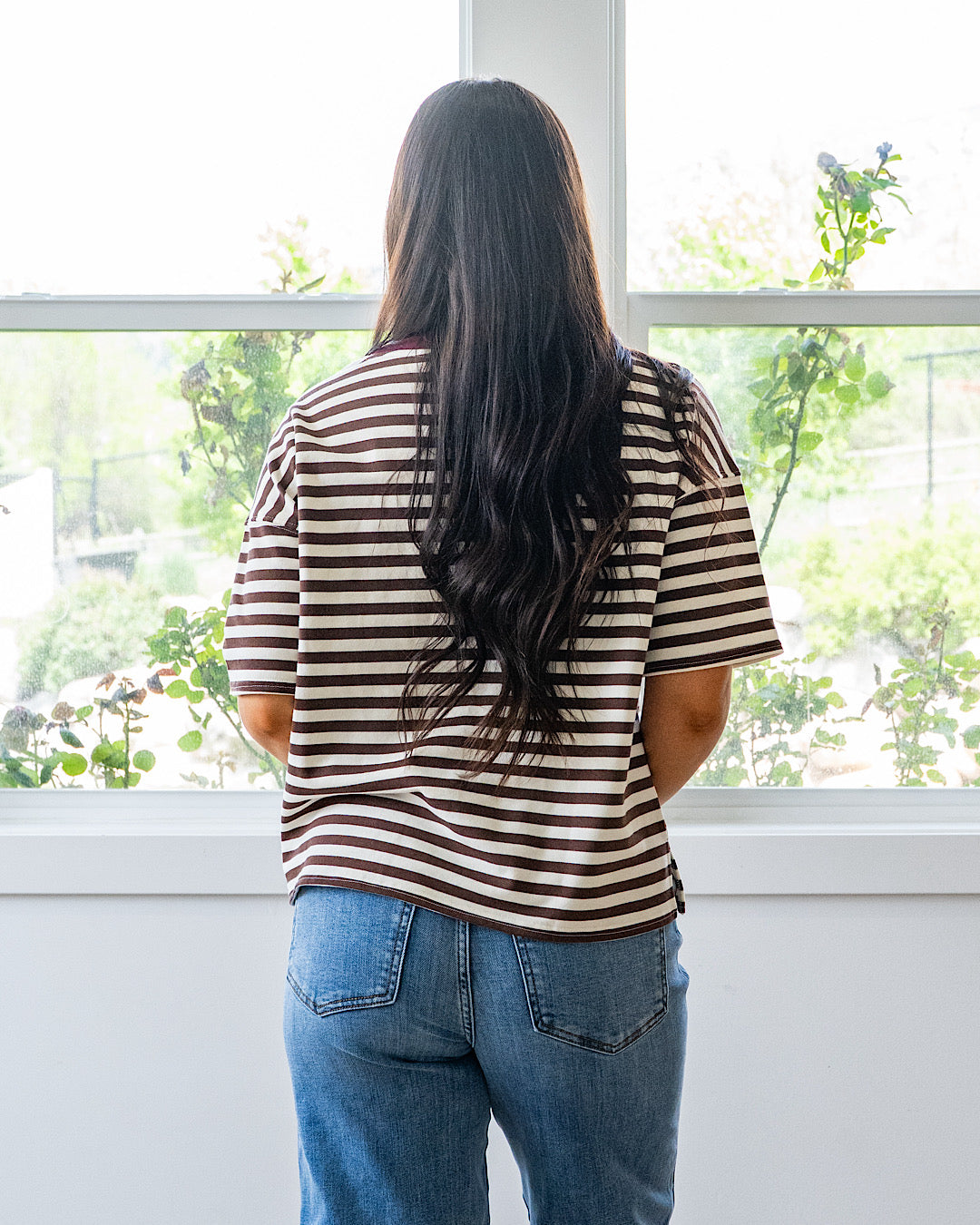 Hazel Contrast Striped Top - Dark Brown & Burgundy Mine