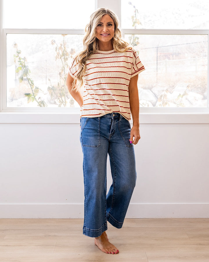Carmen Textured Striped Top - Rust Lovely Melody