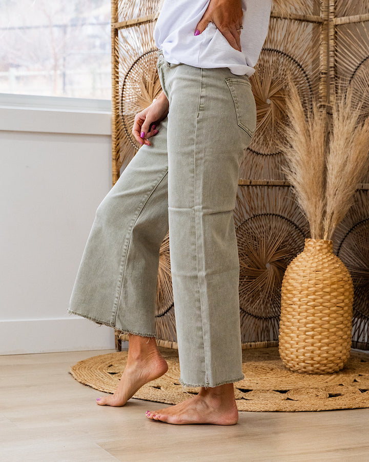Mae Wide Leg Cropped Jeans - Light Olive Zenana