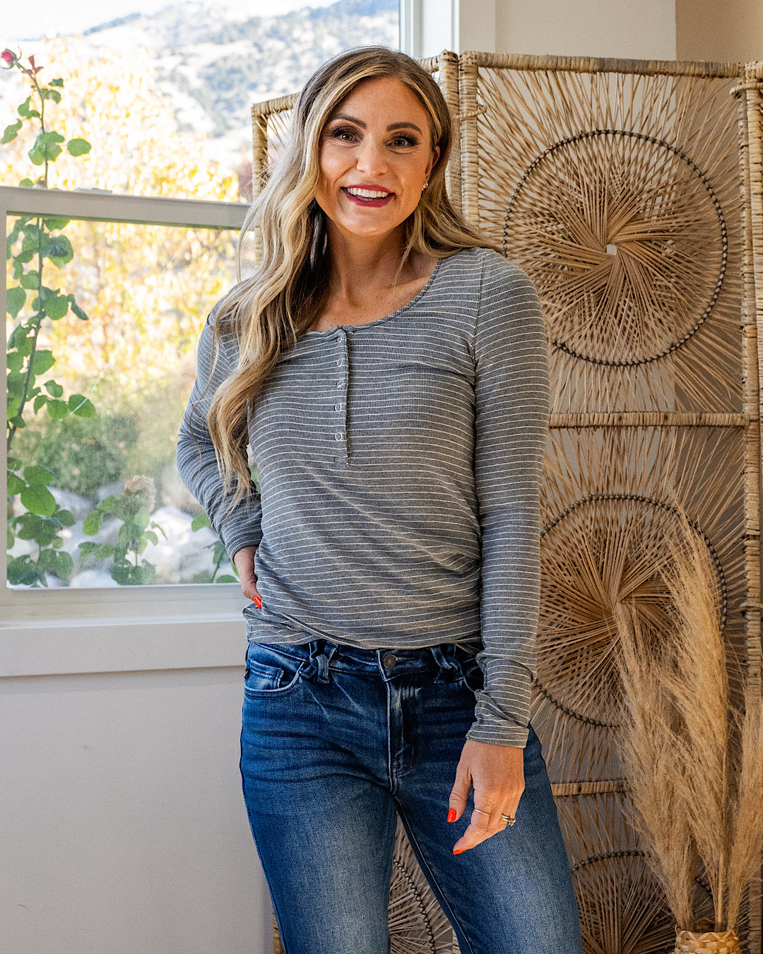 NEW! Dawn Striped Henley Long Sleeve Top - Charcoal Michelle Mae