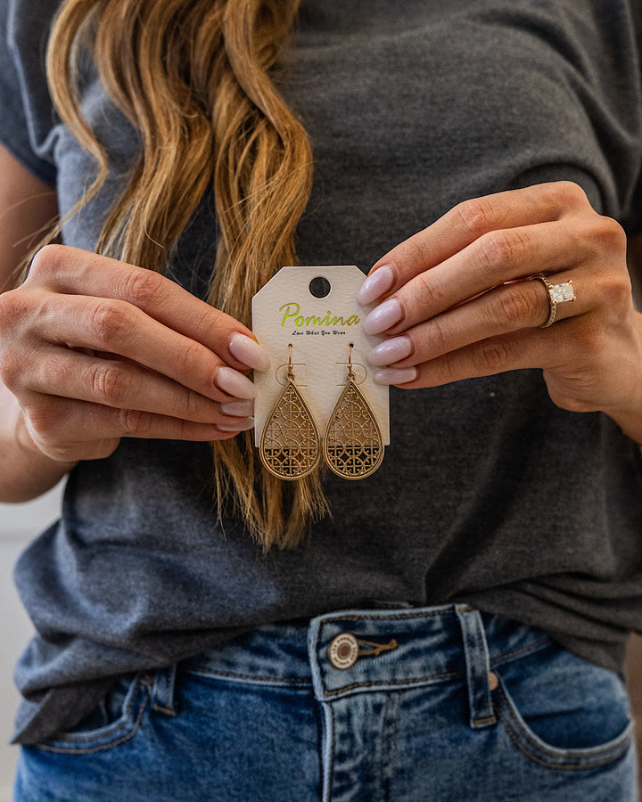 Metal Filigree Teardrop Dangle Earrings - Gold Trendy Wholesale