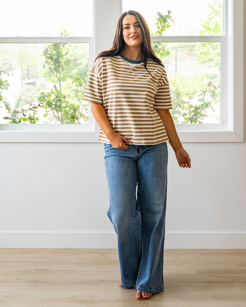 Hazel Contrast Striped Top - Tan & Blue Mine